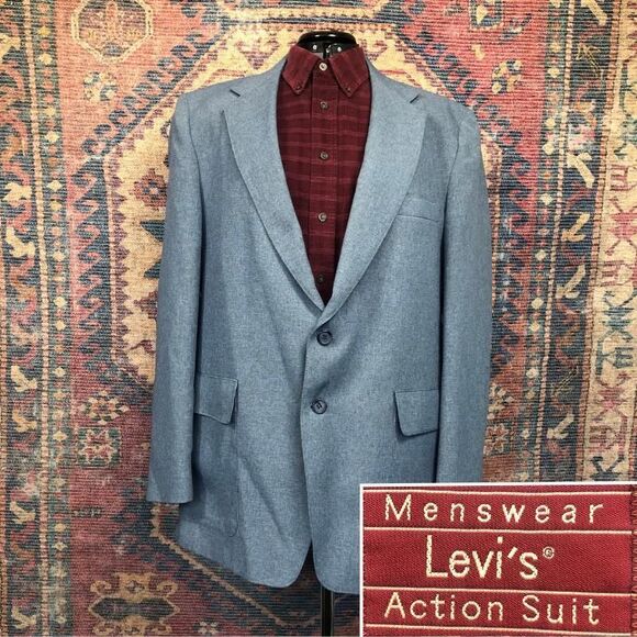 VTG Levis Blazer Mens 44R Blue Action Suit USA 1980s Dacron Sport Coat Jacket